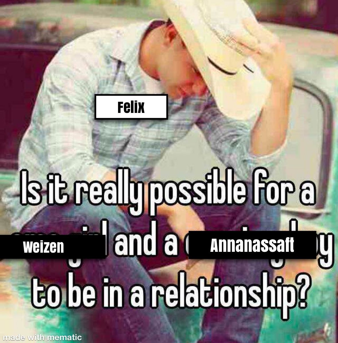 Junger Mann mit Cowboyhut, beschriftet mit "Felix" sitzt mit gesenktem Kopf auf der Motorhaube eines Autos und überlegt: "Is it really possible for a Weizen and a Annanassaft to be in a relationship?"