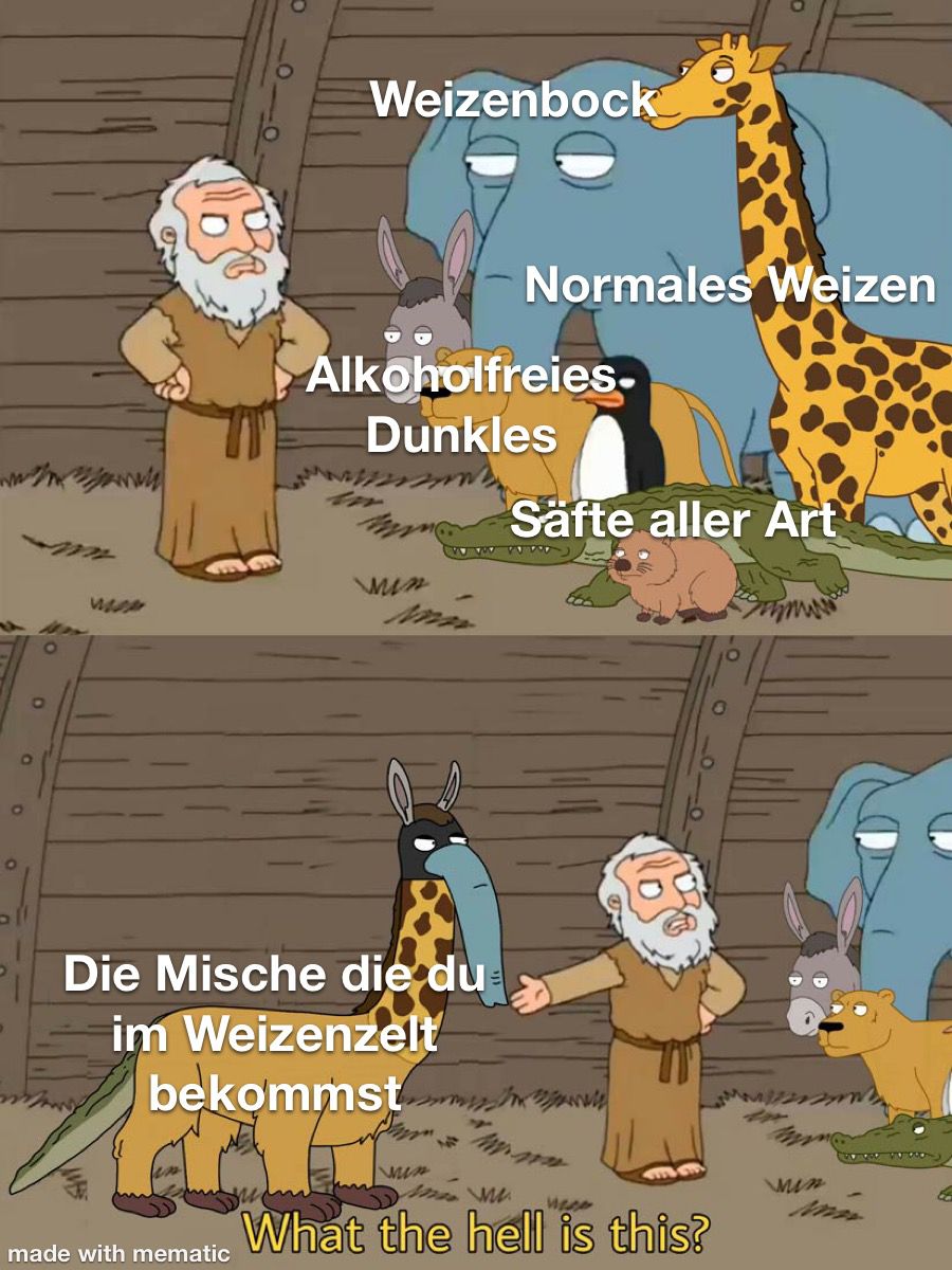 Elephant, Giraffe, Esel, Löwe, Pinguin, Krokodil und Biber beschriftet mit diversen Weizensorten und Säften stehen vor Noah. Noah fragt "What the hell is this" und deutet auf eine Mischlingsbaby all der Tiere.
