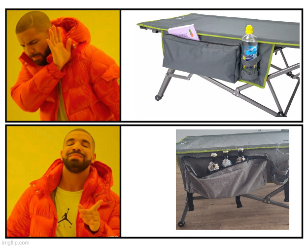 Drake lehnt ab: Seitentasche eines Feldbetts gefüllt mit Wasserflasche und einem Buch. Drake findet gut: Seitentasche eines Feldbetts gefüllt mit Weizenglas und 3 Flaschen Gutmann.