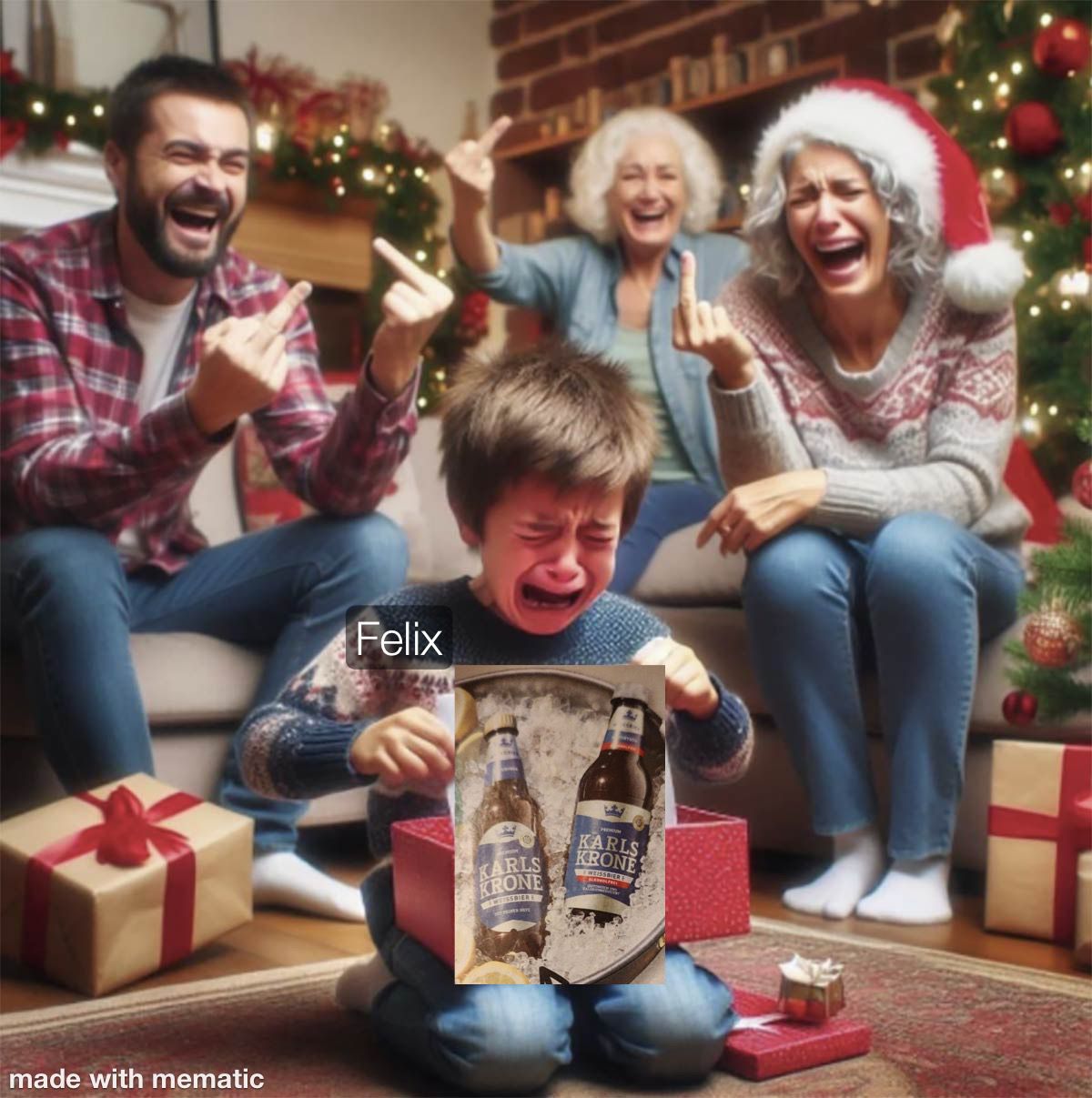 Weihnachten: Kind ("Felix") sitzt weinend vor seinem Geschenk, 2 Flaschen Karlskrone Weizen aus Plastikflaschenm mit Drehverschluss. Familie sitzt Lachend drumherum und zeigt dem Kind mittelfinger.