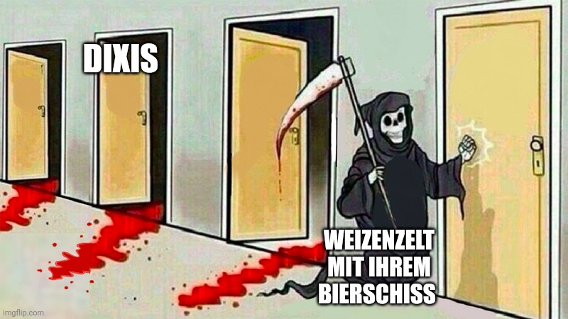 Tod, beschriftet mit "Weizenzelt mit ihrem Bierschiss", geht von Tür zu Tür (Türen repräsentieren Dixitüren) um die Bewohner zu töten