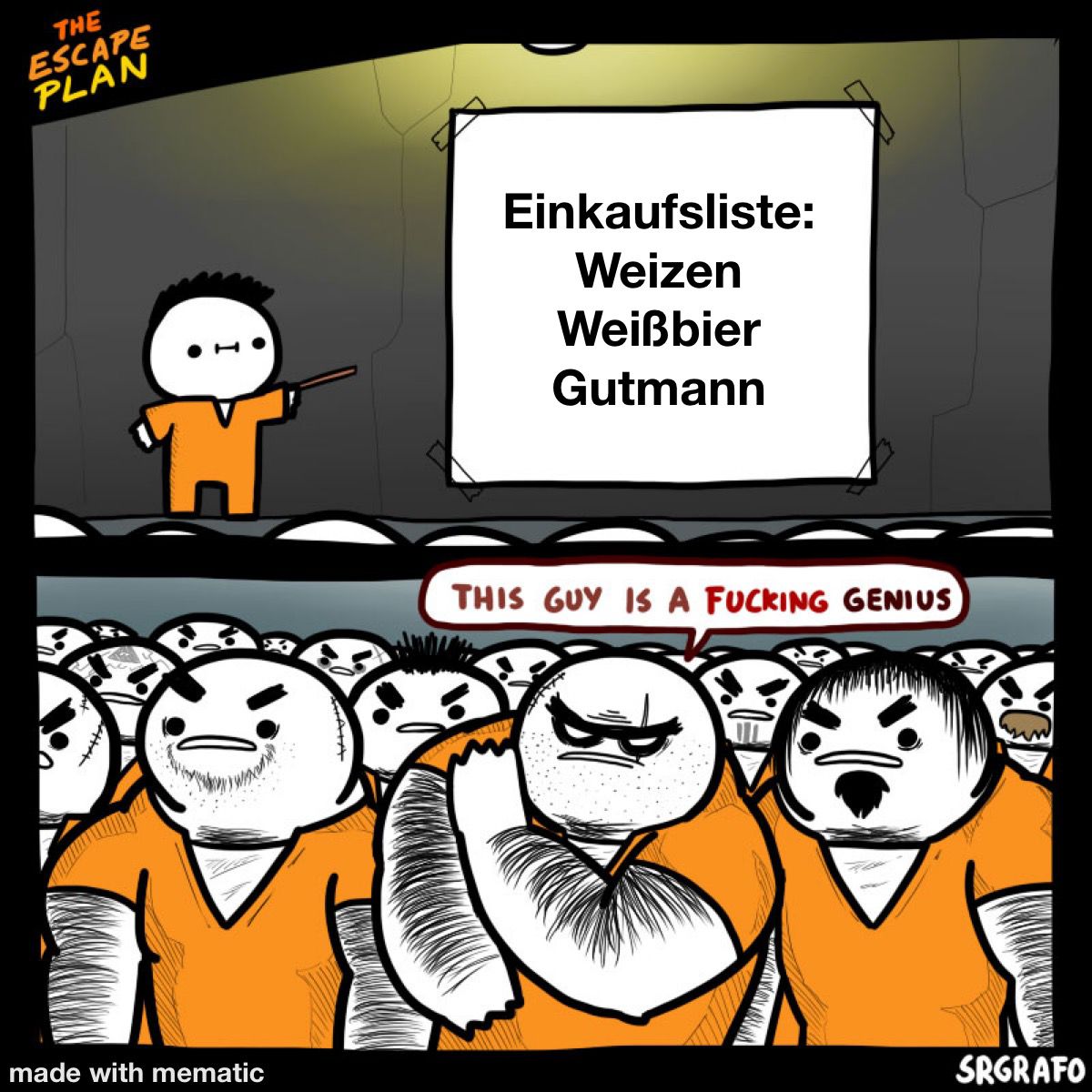 Kleiner schmächtiger Mann in orangener Häftlingskleidung steht auf Bühne und deutet mit Stock auf ein Plakat auf dem steht "Einkaufsliste: Weizen, Weißbier, Gutmann". Die großen, muskolösen Häftlinge im Publikum schauen überrascht und einer tuschelt zu einem anderen: "This guy is a fucking genius."