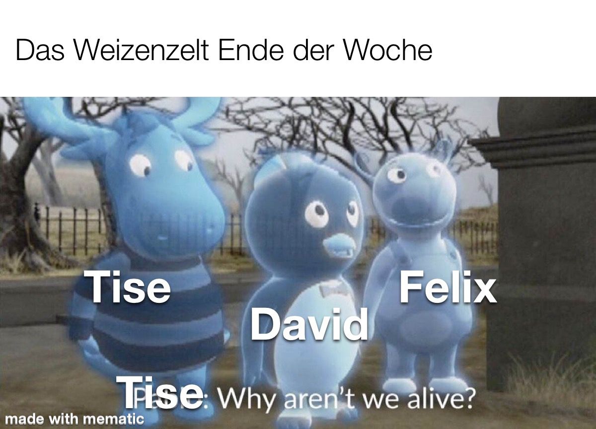 Überschrift: "Das Weizenzelt Ende der Woche" Bild: 3 animierte Tiergeister beschriftet mit Tise, David und Felix; Tise sagt: "Why aren't we alive?"