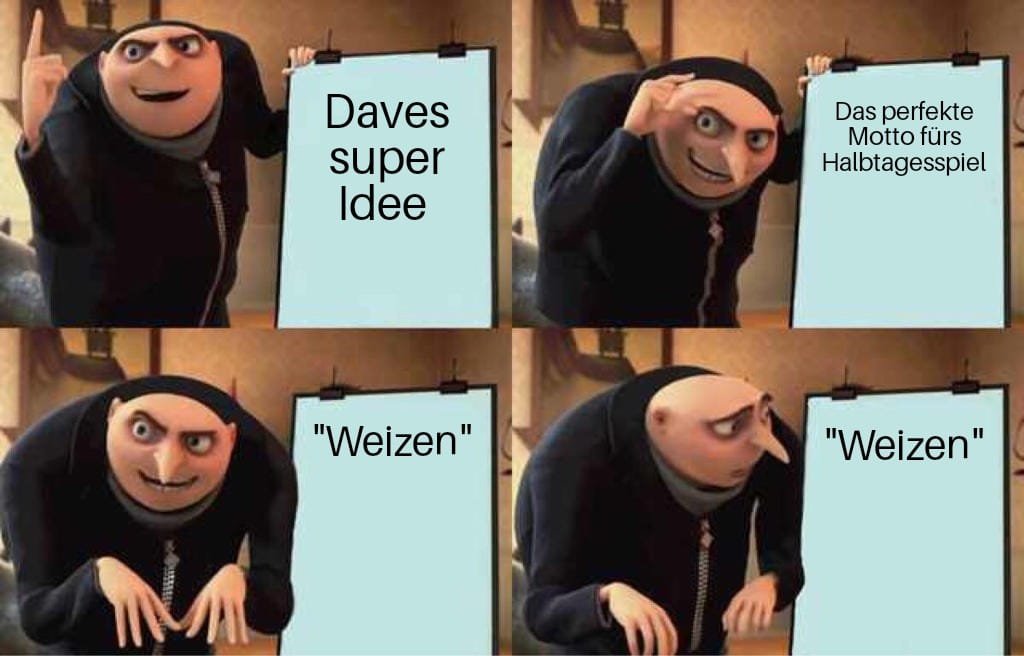 Gru aus "Ich einfach unverbesserlich" präsentiert. Folie 1: "Daves super Idee", Folie 2: "Das perfekte Motto fürs Halbtagesspiel", Folie 3: "Weizen"