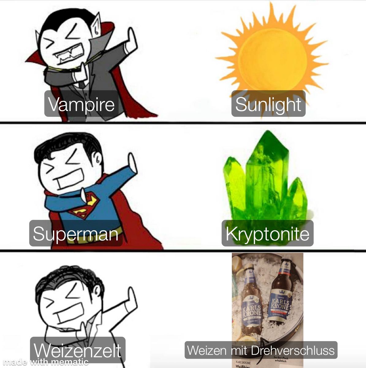 Vampire hassen Sonnenlicht, Superman Kryptonit und das Weizenzelt hasst Weizen mit Drehverschluss.