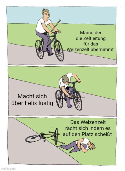 Marco der die Zeltleitung für das Weizenzelt übernimmt: Mann mit Stock in der Hand fährt Fahrrad. Macht sich über Felix lustig: Radfahrer steckt sich den Stock in die Speichen des Vorderrads. Das Weizenzelt rächt sich, indem es auf den Platz scheißt: Mann liegt neben Fahrrad und hält sich das Knie.