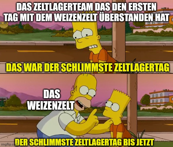 Das Zeltlagerteam das den ersten Tag mit dem Weizenzelt überstanden hat: Bart sagt: "Das war der schlimmste Zeltlagertag." Homer, beschriftet mit "Das Weizenzelt", sagt: "Der schlimmste Zeltlagertag bis jetzt."