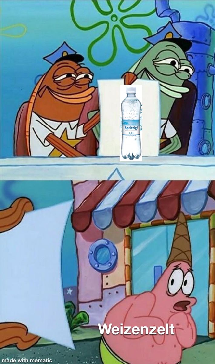 SpongeBob Polizeifische: Zeigen Bild von einer Wasserflasche. Patrick, beschriftet mit "Weizenzelt" schaut verängstigt und dreht sich zusammenkauernd weg.