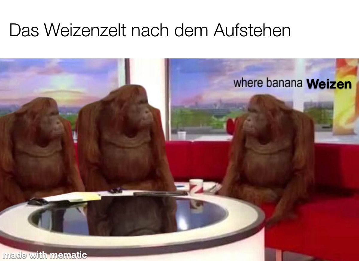 Überschrift: "Das Weizenzelt kurz nach dem Aufstehen" Bild: 3 Orangutans sitzen auf einer Couch in einem Fernsehstudio, einer fragt: "Where Bananaweizen?"