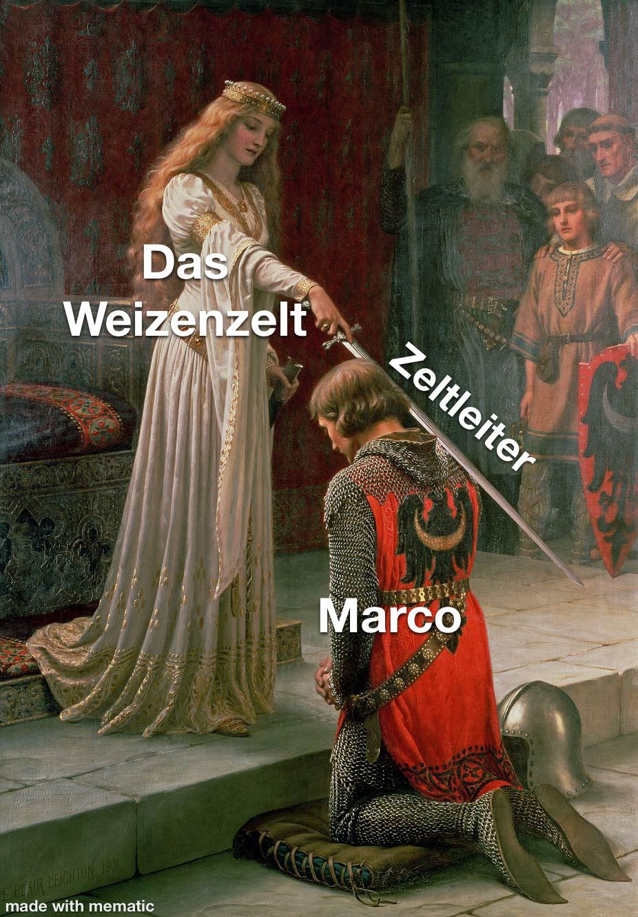 Königin ("Das Wezienzelt") schlägt mit einem Schwert ("Zeltleiter") einen Mann in Rüstung ("Marco") zum Ritter.